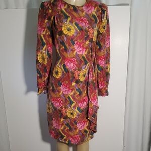 Vintage 80s Pat Argenti 100%Silk Dress 12 Pink Floral Long Sleeve Sheath Y2K